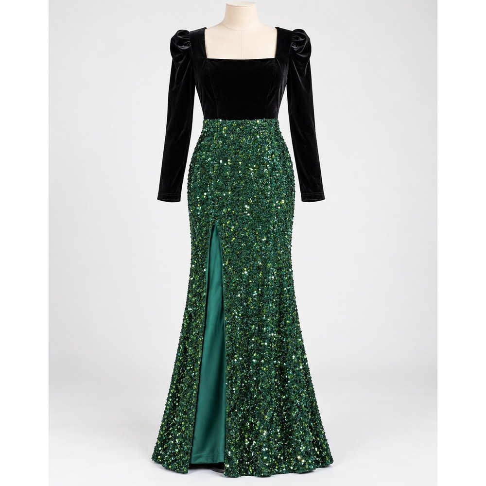 Black Velvet Green Sequin Formal Gown Large Long Gothic Glam Hollywood Holiday